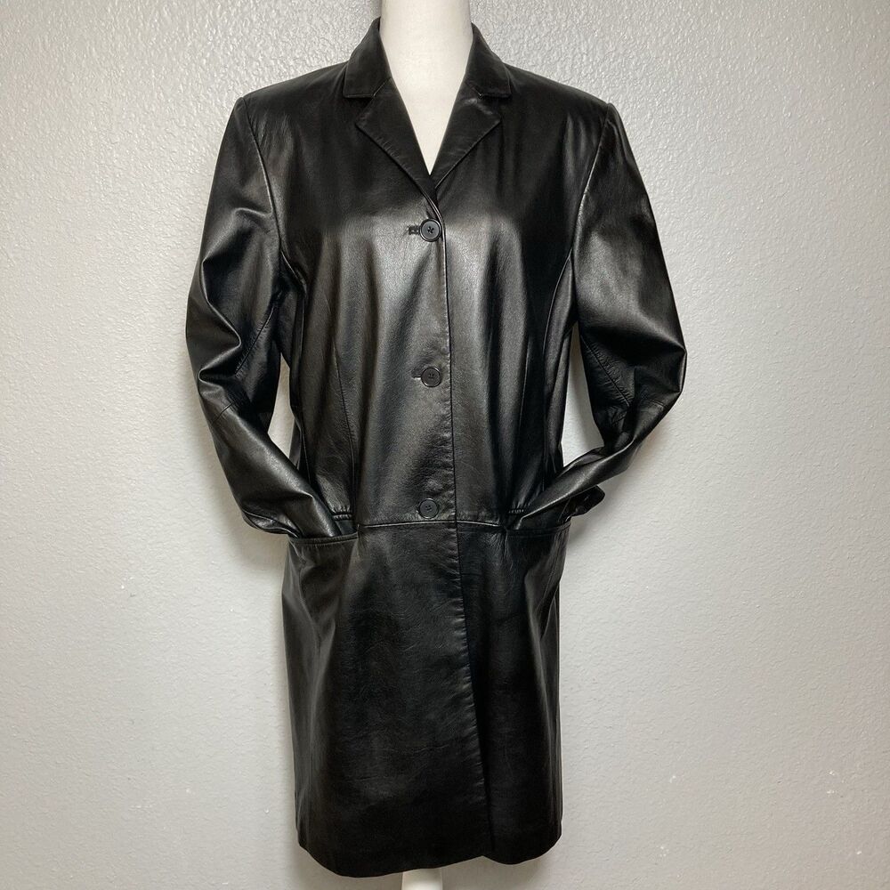 Ralph Lauren LRL Soft Leather Trench Coat Jacket Women’s Large Classic Black 90s